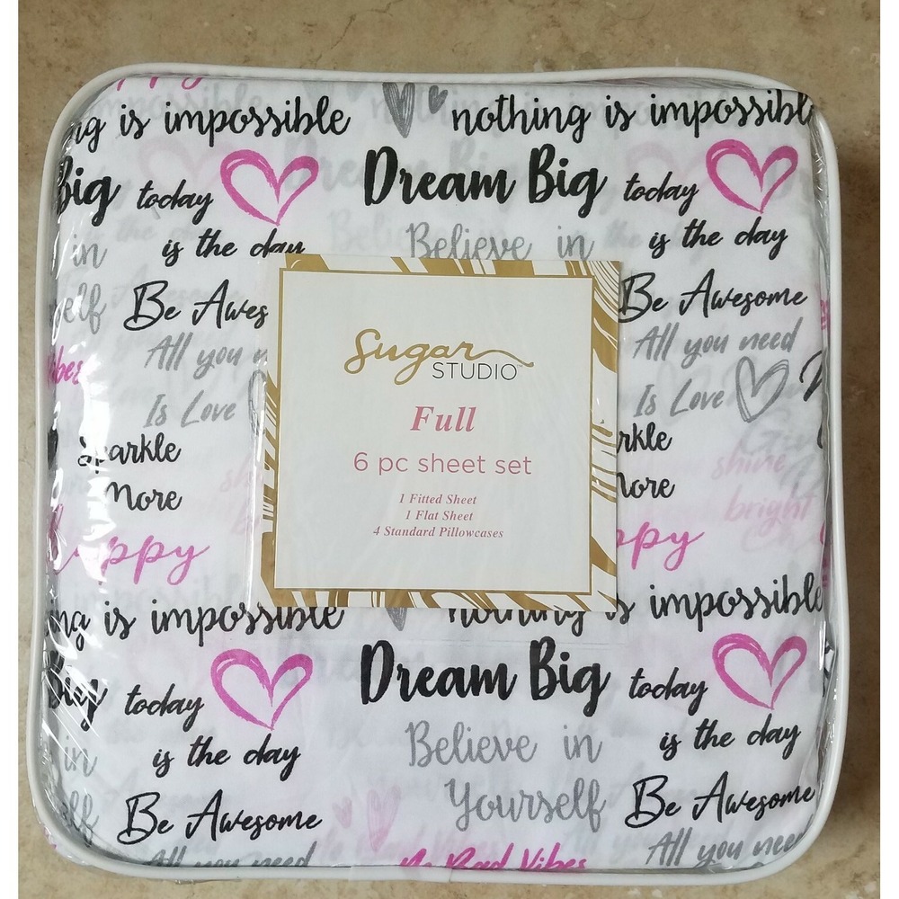 Sugar Studio 6pc FULL Sheet Set Good Vibes Dream Big White Black Pink NEW